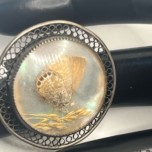 Victorian morpho butterfly wing silver tone filigree round brooch pin vintage - Picture 16 of 16